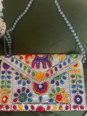 Hand-Embroidered Multicolor Envelope Clutch with Beaded Strap